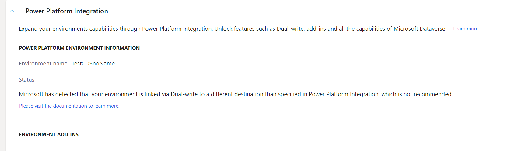 ارتباط تكامل Power Platform غير متطابق.