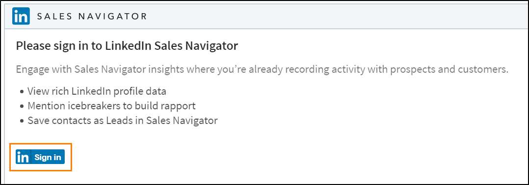 مربع حوار تسجيل الدخول إلى LinkedIn Sales Navigator.