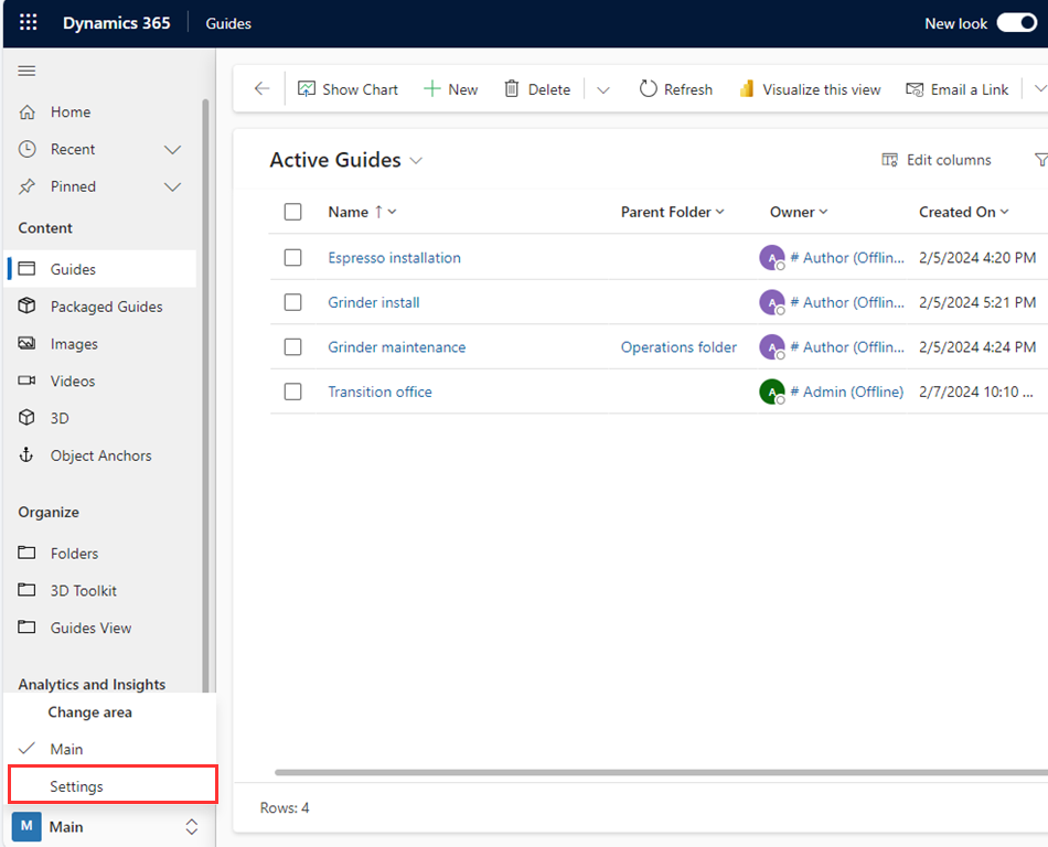 Screenshot that shows changing from Main to Settings area in the Guides model-driven app.