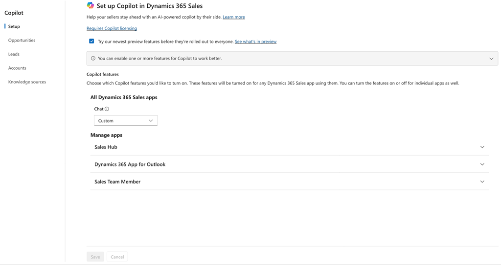 لقطة شاشة لصفحة إعداد Copilot في Dynamics 365 Sales في مركز مبيعات Dynamics 365.