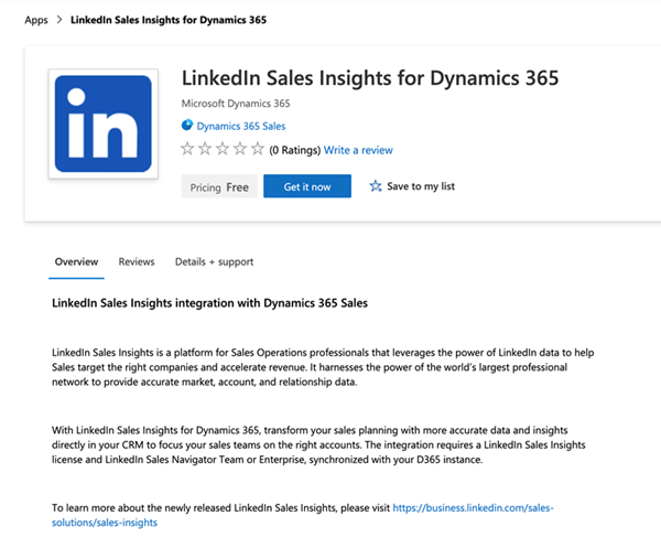 صفحة LinkedIn Sales Insights for Dynamics 365 AppSource.