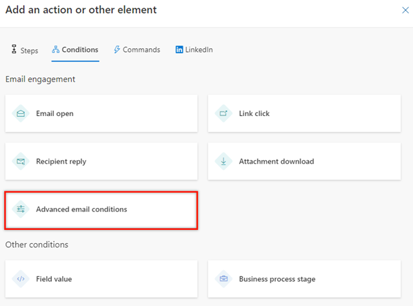 لقطة شاشة لتحديد شروط بريد إلكتروني متقدم في علامة التبويب الشروط.