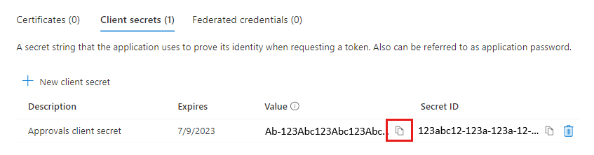 Screenshot of copying the client secret. 