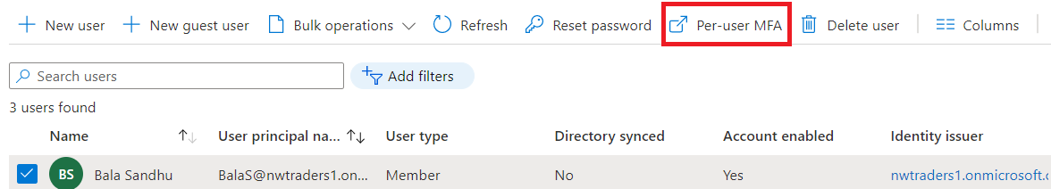 Screenshot of select multifactor authentication from the Users window in Microsoft Entra ID.
