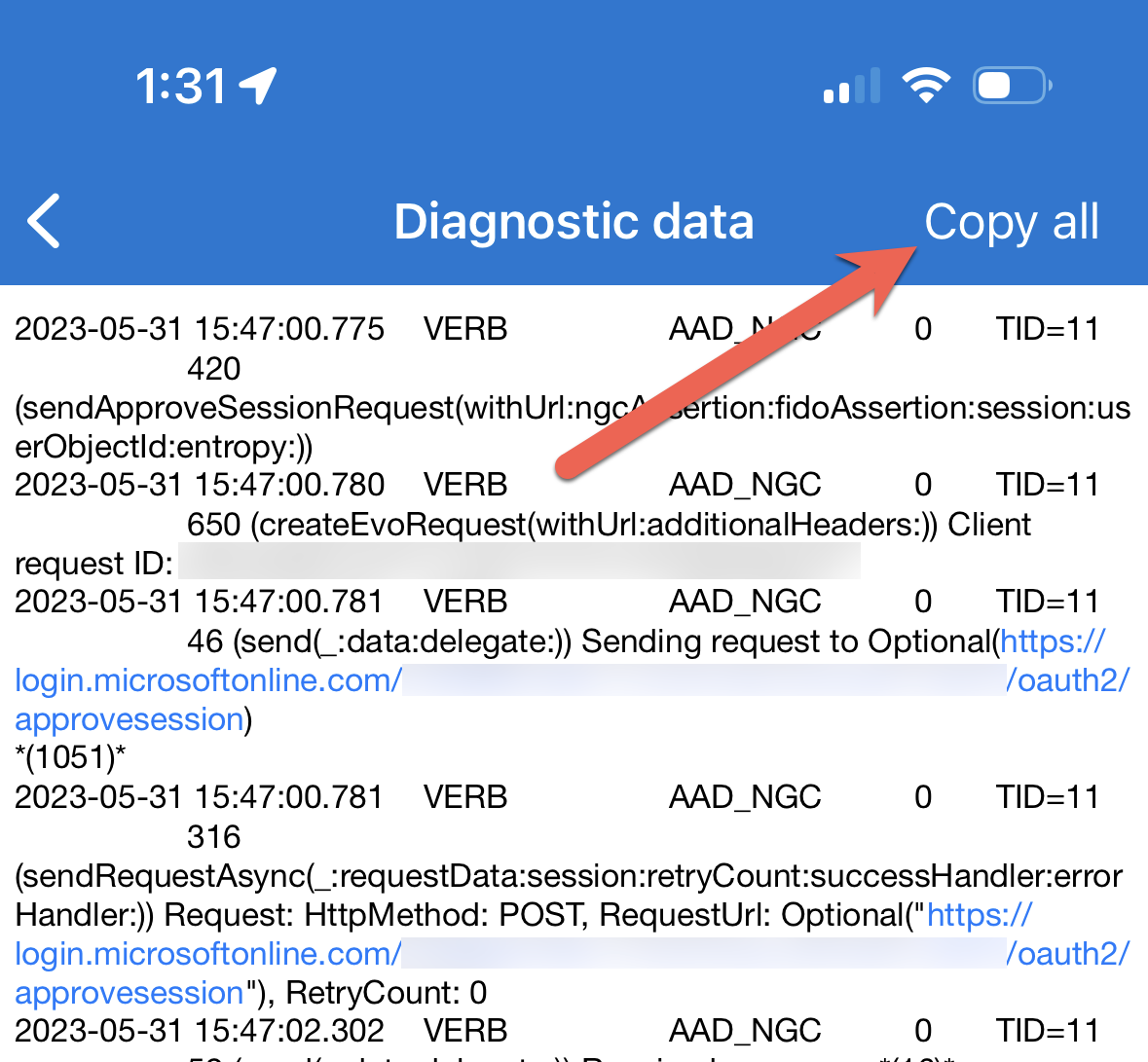 Screenshot showing the Copy all logs option in the Microsoft Authenticator app.