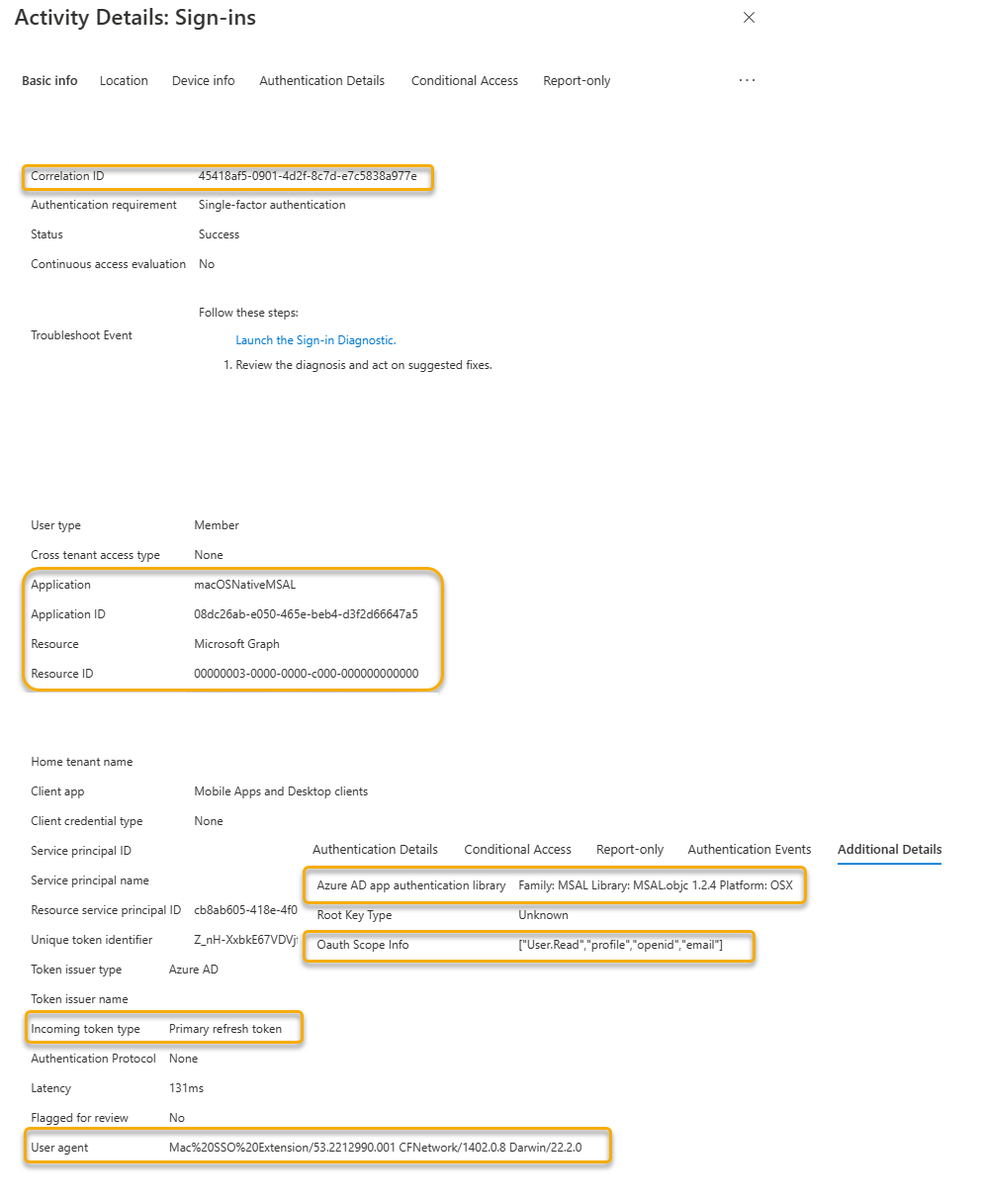 Screenshot showing the Microsoft Entra silent sign-in request using the Enterprise SSO Broker plugin.