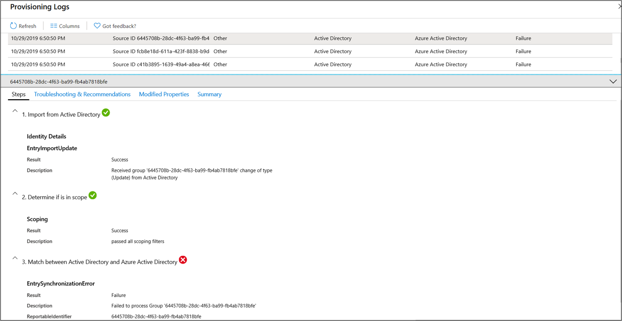 Screenshot that shows the provisioning logs dropdown list information.