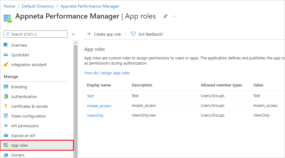 Screenshot that shows the App Roles with Appneta Performance Manager at the bottom.