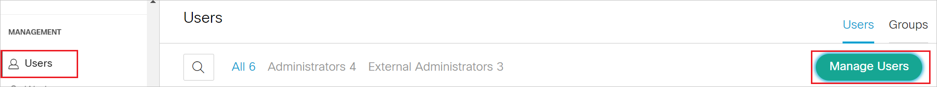 Screenshot shows the Users page where you can Manage Users.
