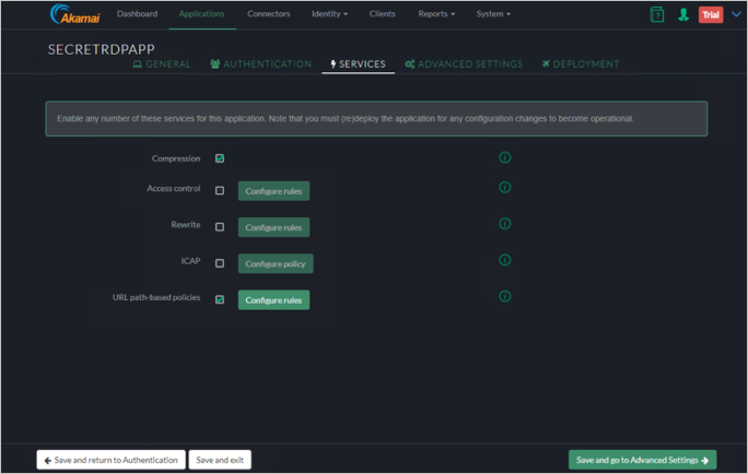 Screenshot of the Akamai EAA console Services tab for SECRETRDPAPP showing the Save and go to AdvancedSettings button in the bottom right corner.