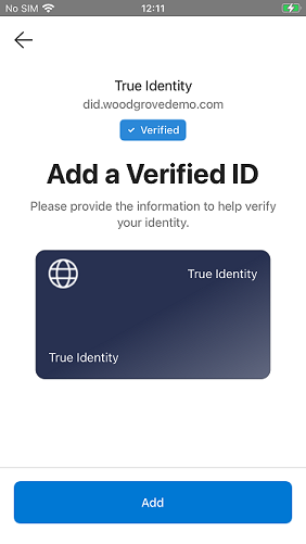 Screenshot of Microsoft Authenticator credential preview screen showing True Identity credential details with Add button.