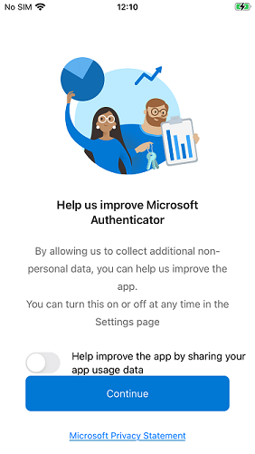 Screenshot of Microsoft Authenticator app usage data sharing options screen with Continue button.