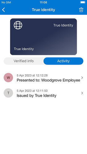 Screenshot of Microsoft Authenticator activity screen showing usage history for True Identity credential with timestamped entries for issuance and presentation events.