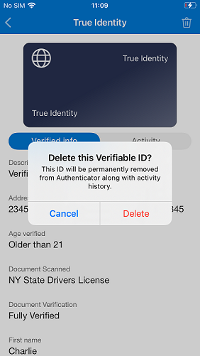 Screenshot of Microsoft Authenticator credential details screen with delete trash can icon in upper right corner to remove credential from wallet.