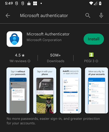 Screenshot of Google Play Store search results showing Microsoft Authenticator app with install button.