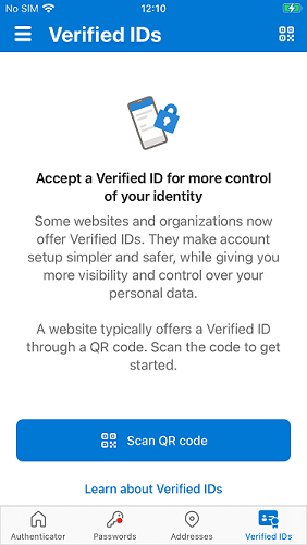 Screenshot of Microsoft Authenticator Verified IDs screen with Scan QR code button displayed when no credentials are present.