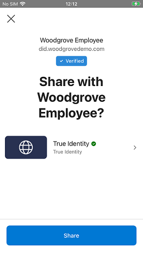Screenshot of Microsoft Authenticator credential sharing screen showing True Identity credential details with Share button to present credential to verifier.