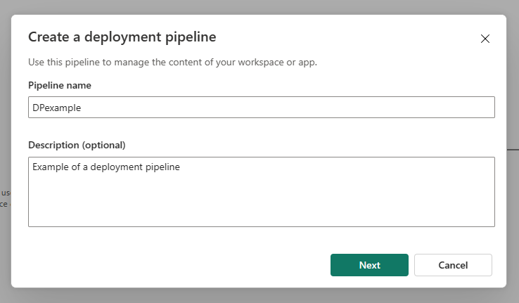 Screenshot of the name and describe pipeline dialog.