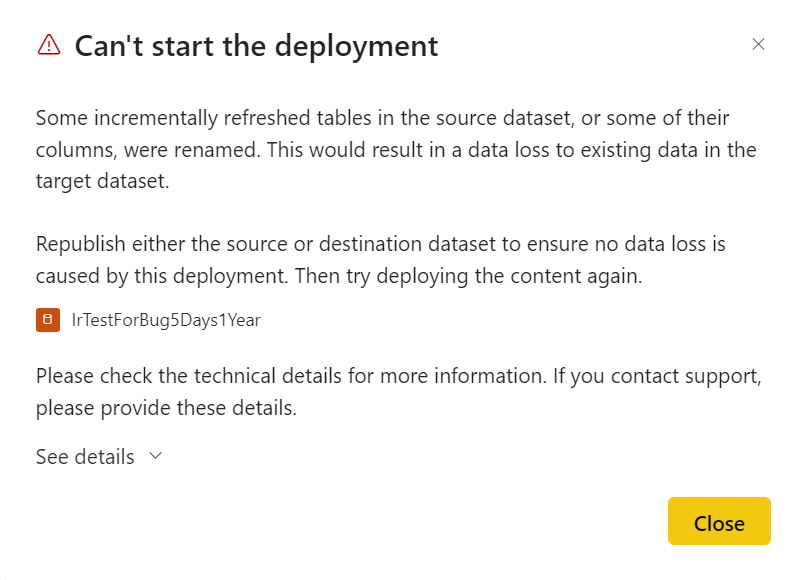 A screenshot of the Can't start the deployment error message in deployment pipelines.