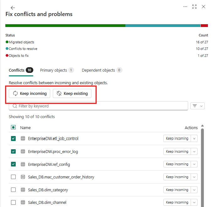 Screenshot of the bulk Keep incoming and Keep existing actions.