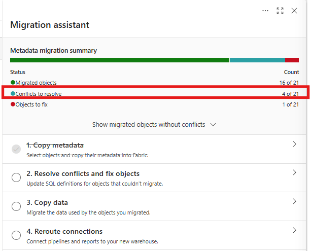 Screenshot of the Conflicts to resolve count and the Resolve conflicts and fix objects step.