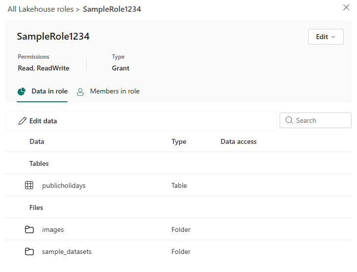 Screenshot that shows the details visible in the 'Data in role' tab.