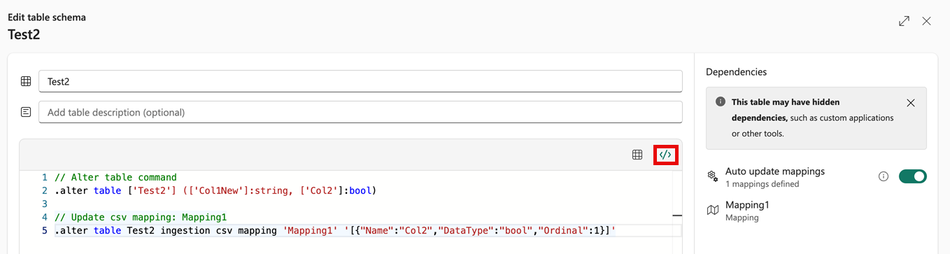 Screenshot of the command viewer with auto update mappings enabled in the dependencies section.