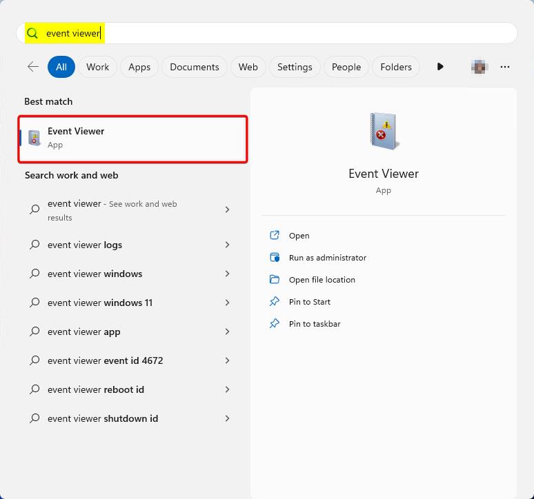 Screenshot that shows Event Viewer on the Start menu.