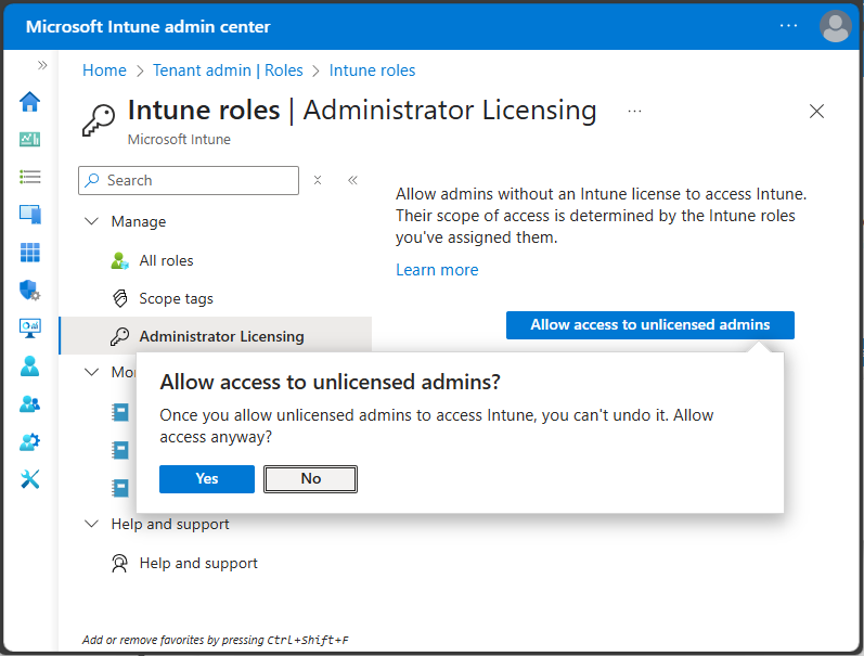 Screenshot of administrator licensing to allow unlicensed admins.