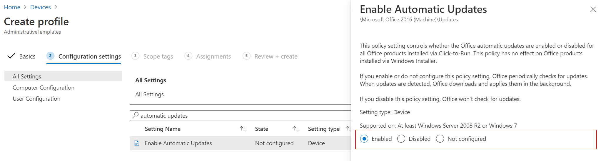 Screenshot that shows enabling Office automatic updates using an administrative template in Microsoft Intune.