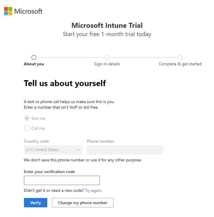 Screenshot of the Microsoft Intune set up account page -  Verify code