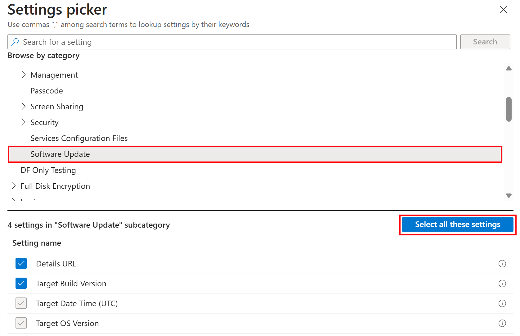 Screenshot that shows the settings catalog software update settings for Apple devices in Microsoft Intune.