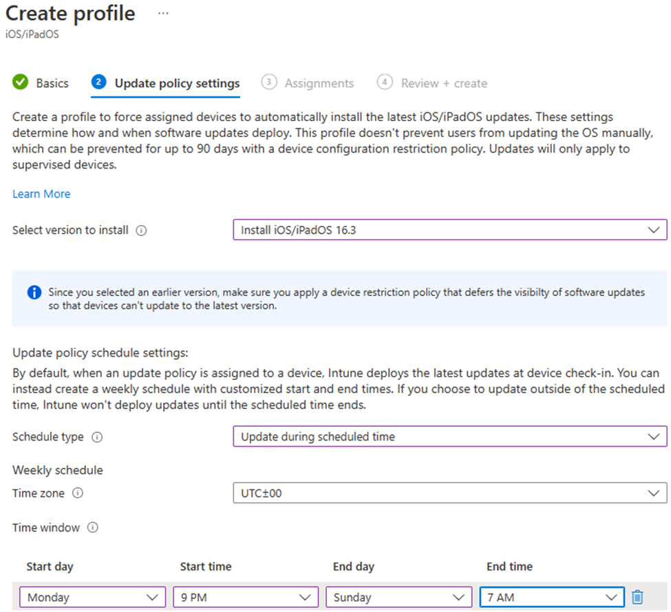 Screenshot that shows the specific version to install and installing the updates on Monday nights for iOS/iPadOS devices in the Microsoft Intune admin center.