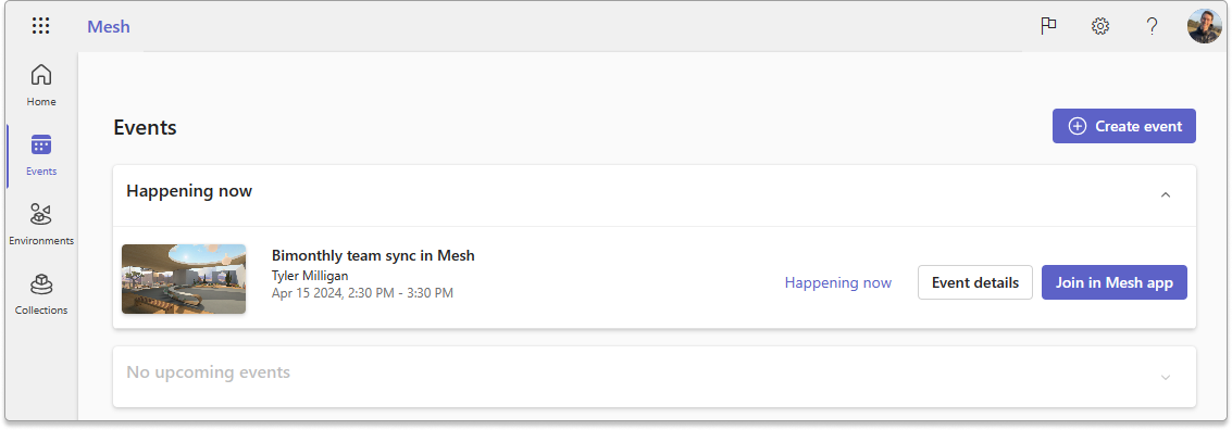 Screenshot showing created event in the Events tab in Mesh on the web.