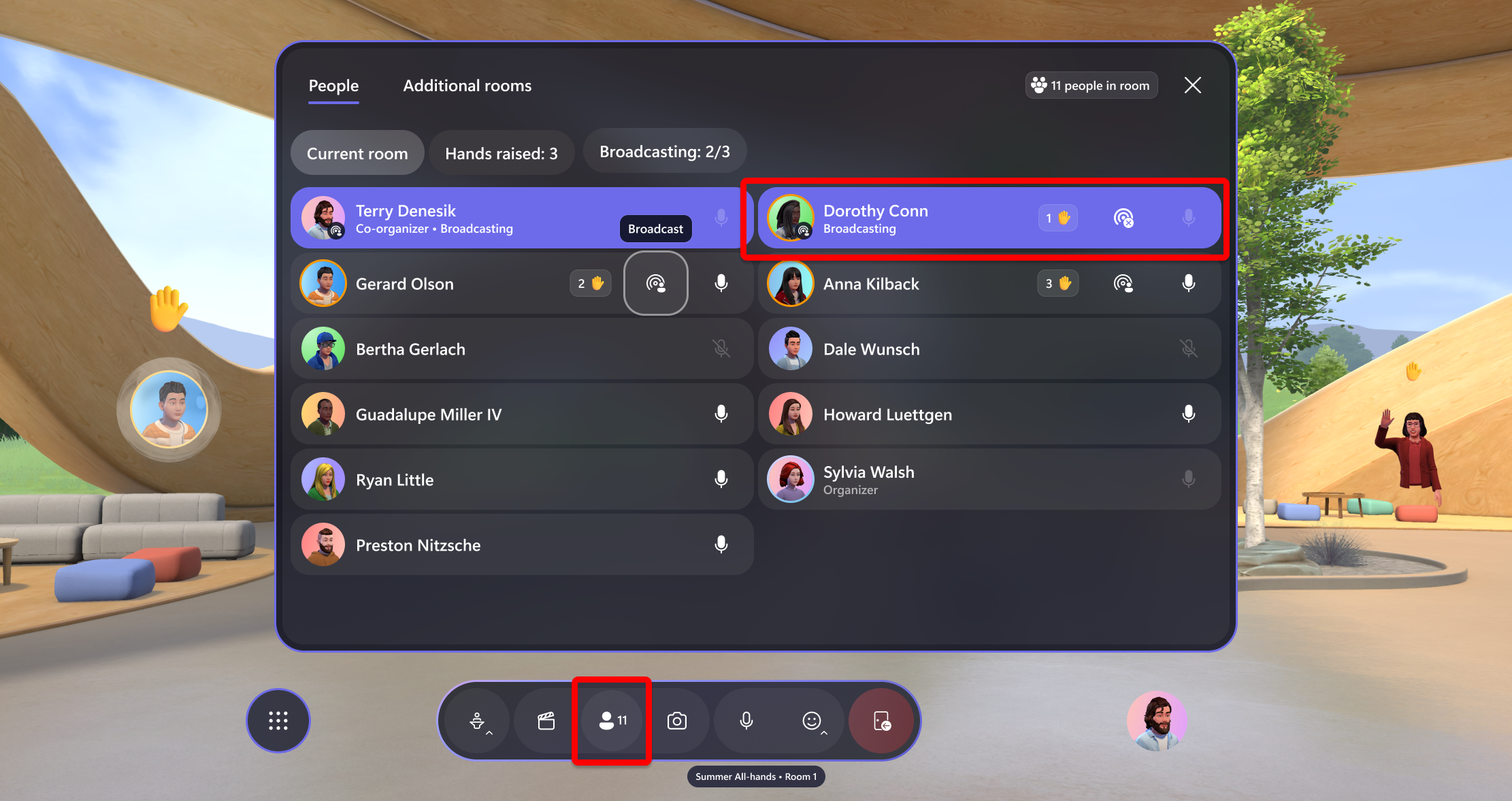 Screenshot of Mesh app showing the people panel open with a profile highlighted that is broadcasting.