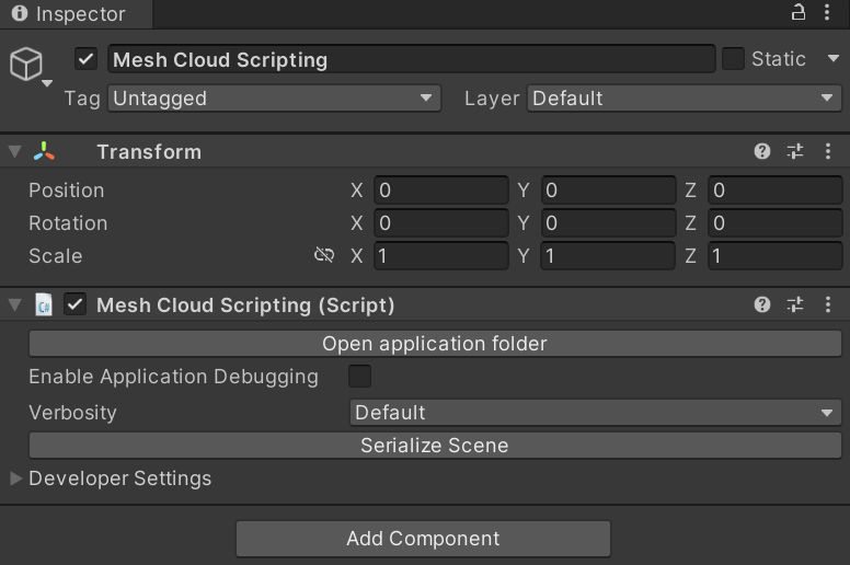 A screen shot of the Mesh Cloud Scripting component that's attached to the GameObject.