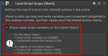 Screen shot of the local script scope component with its property named "Share visual script variables on this Game Object" selected.