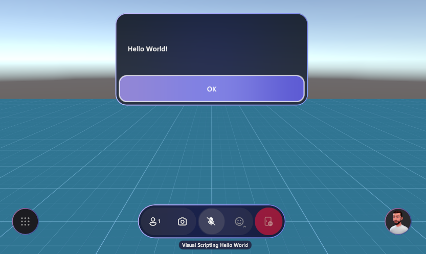 Mesh browser window with a popup dialog displaying Hello World and an OK button