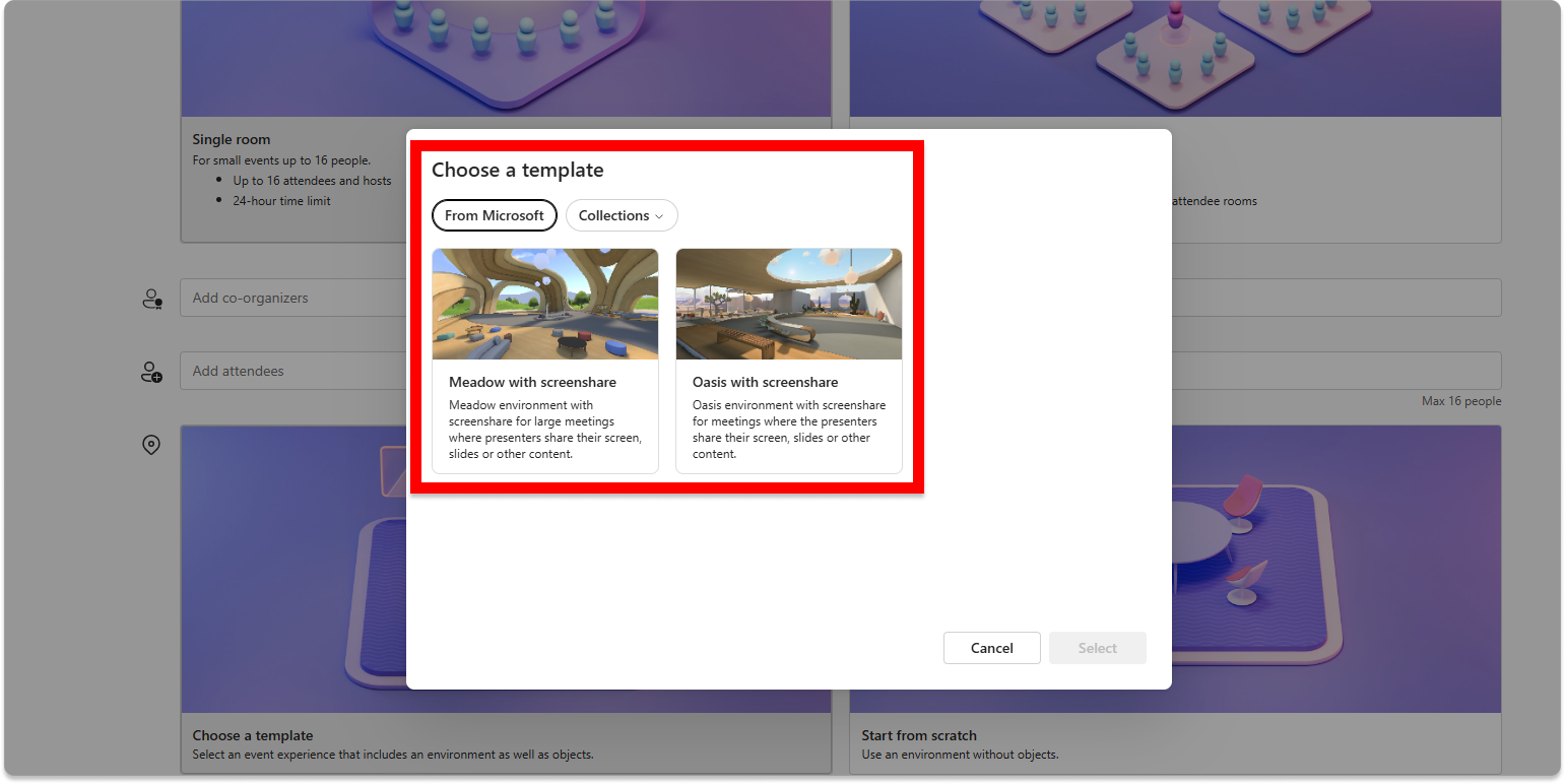 Screenshot of Mesh on the web showing the ability to choose templates from Microsoft or your personal or work collections.