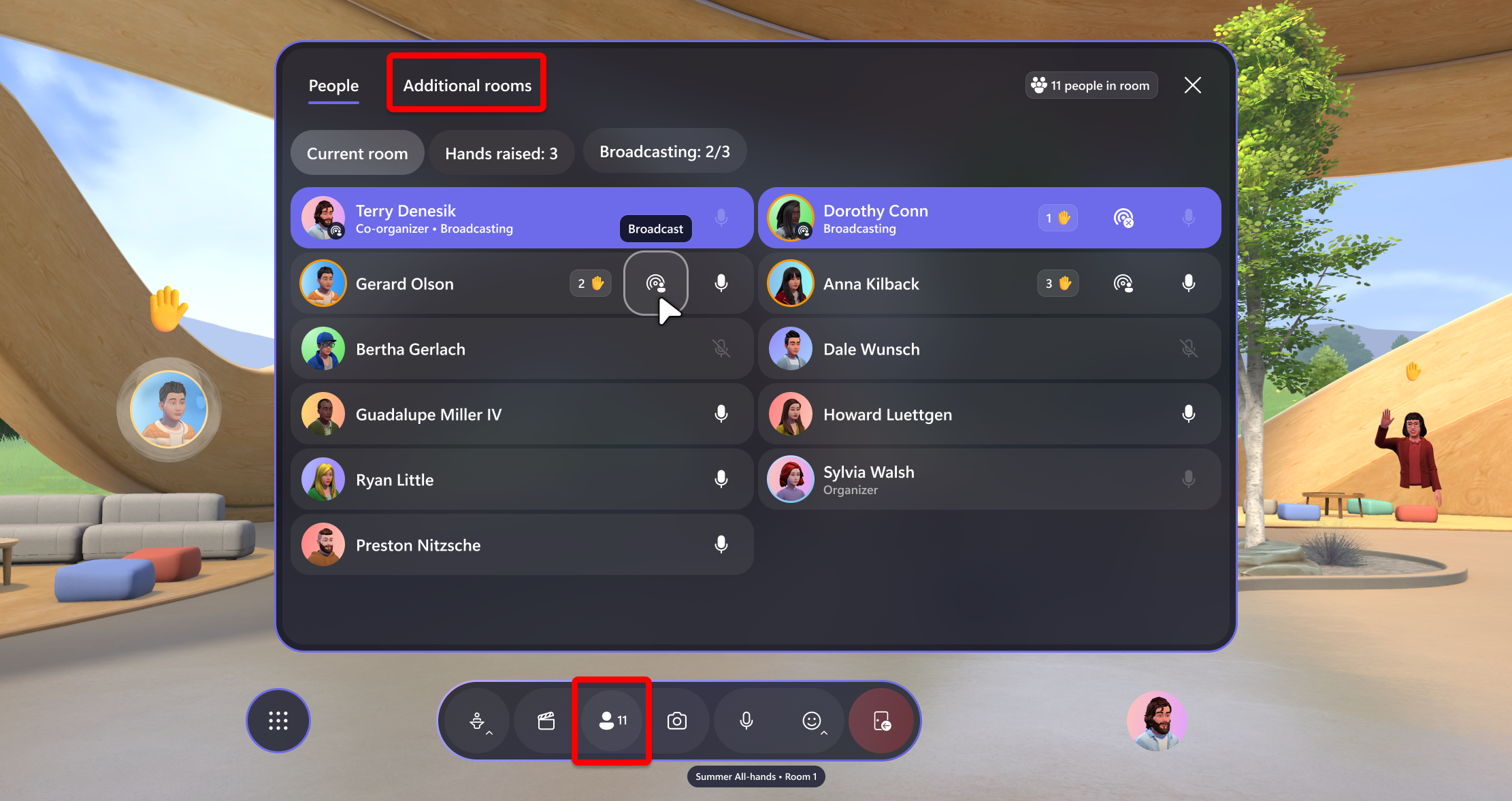 Screenshot of Mesh app showing the people panel expanded in a multi-room event.