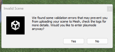 Screenshot of scene validation error dialog when starting playmode.