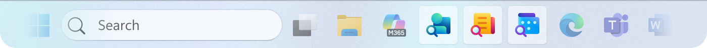 Screenshot of the Windows 11 taskbar with the different Microsoft 365 companion apps.