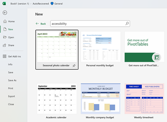Picture showing Microsoft Excel accessibility templates.