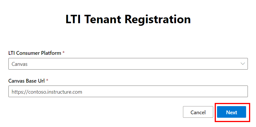 صفحة إدارة مستأجر LTI، مع حقل قائمة منسدلة لاختيار النظام الأساسي لمستهلك LTI وحقل نص عنوان URL.
