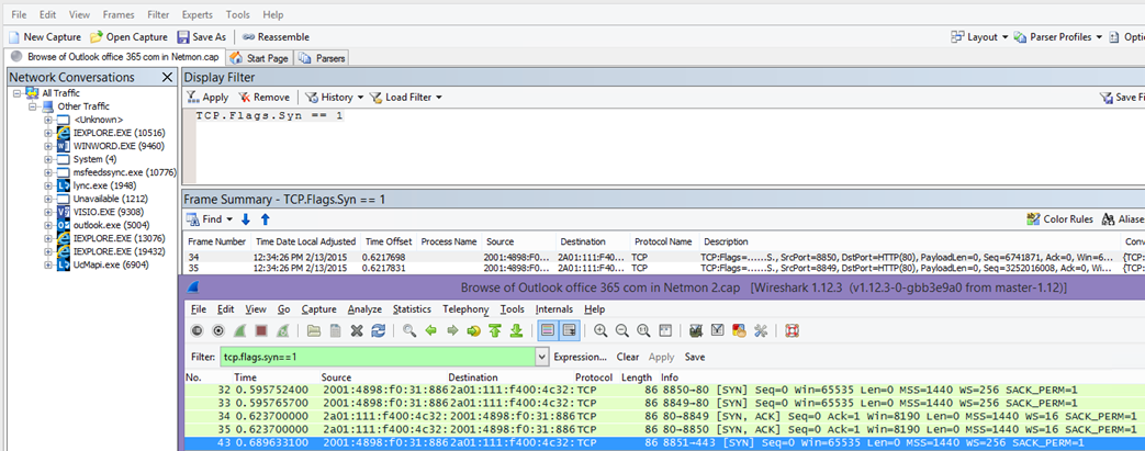 قم بالتصفية في Netmon أو Wireshark لحزم Syn لكلتا الأدوات: TCP. Flags.Syn == 1.