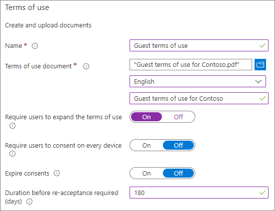 لقطة شاشة Microsoft Entra إعدادات شروط الاستخدام الجديدة.