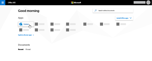 لوحة Outlook على الصفحة المقصودة ل Microsoft 365.
