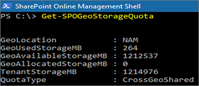 لقطة شاشة لنافذة PowerShell تعرض Get-SPOGeoStorageQuota cmdlet.