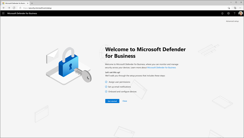 لقطة شاشة للشاشة الرئيسية للمعالج لإعداد Defender for Business.