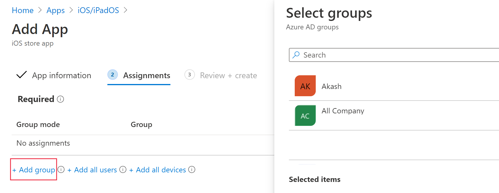 علامة التبويب إضافة مجموعة في مركز إدارة Microsoft Intune